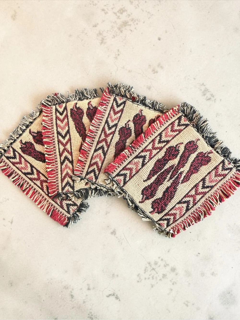Woven Fringe Coasters Set - Red, Black & Cream Chili Pepper set of 4
